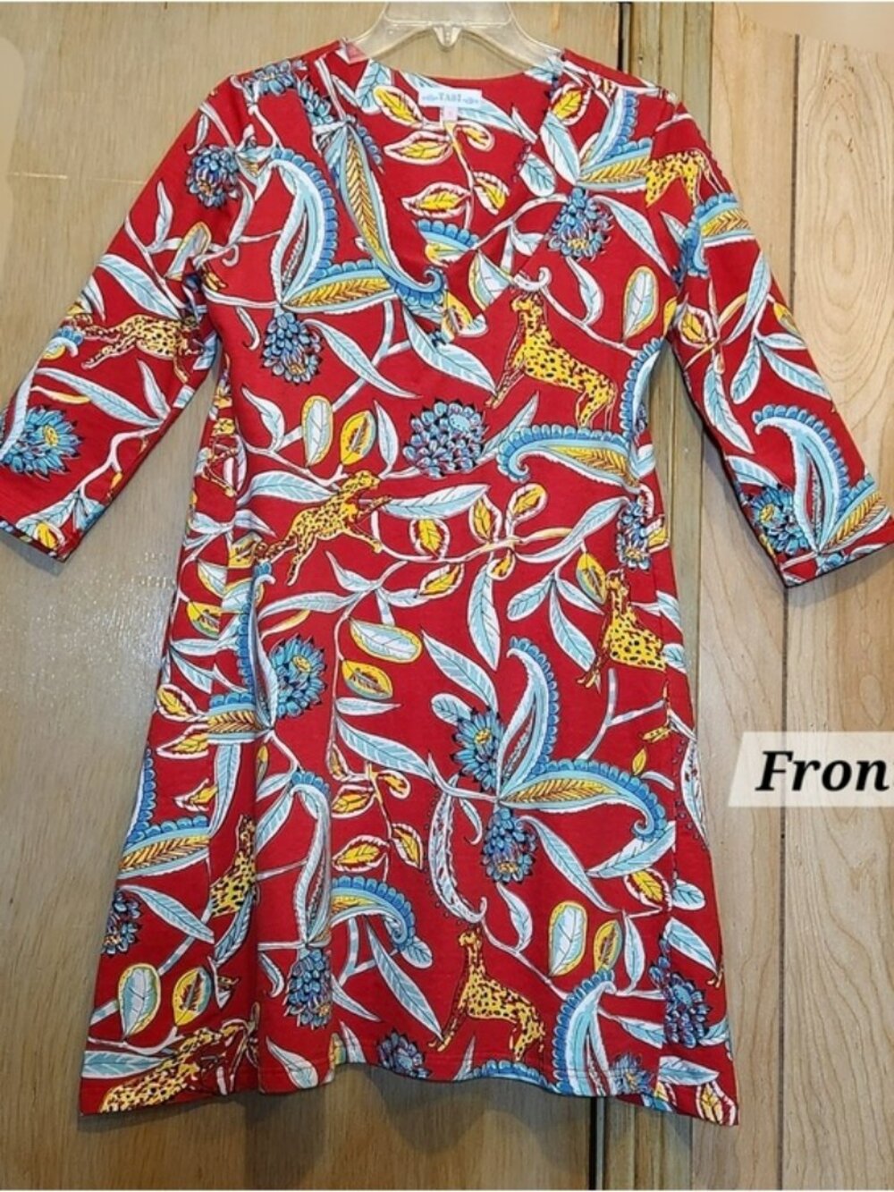 Tabi Dress Womens Sz Sm Red Botanical Leopard Print Stretchy Cotton Jersey